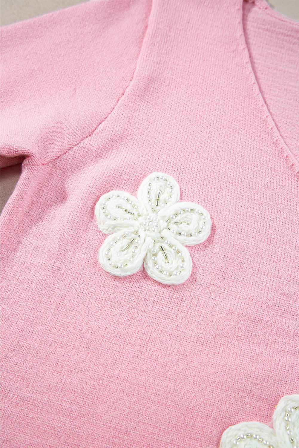 Flower Crochet V Neck Short Sleeve Sweater | Pink