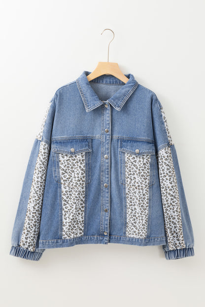 Leopard Patchwork Flap Detail Plus Size Denim Jacket | Beau Blue