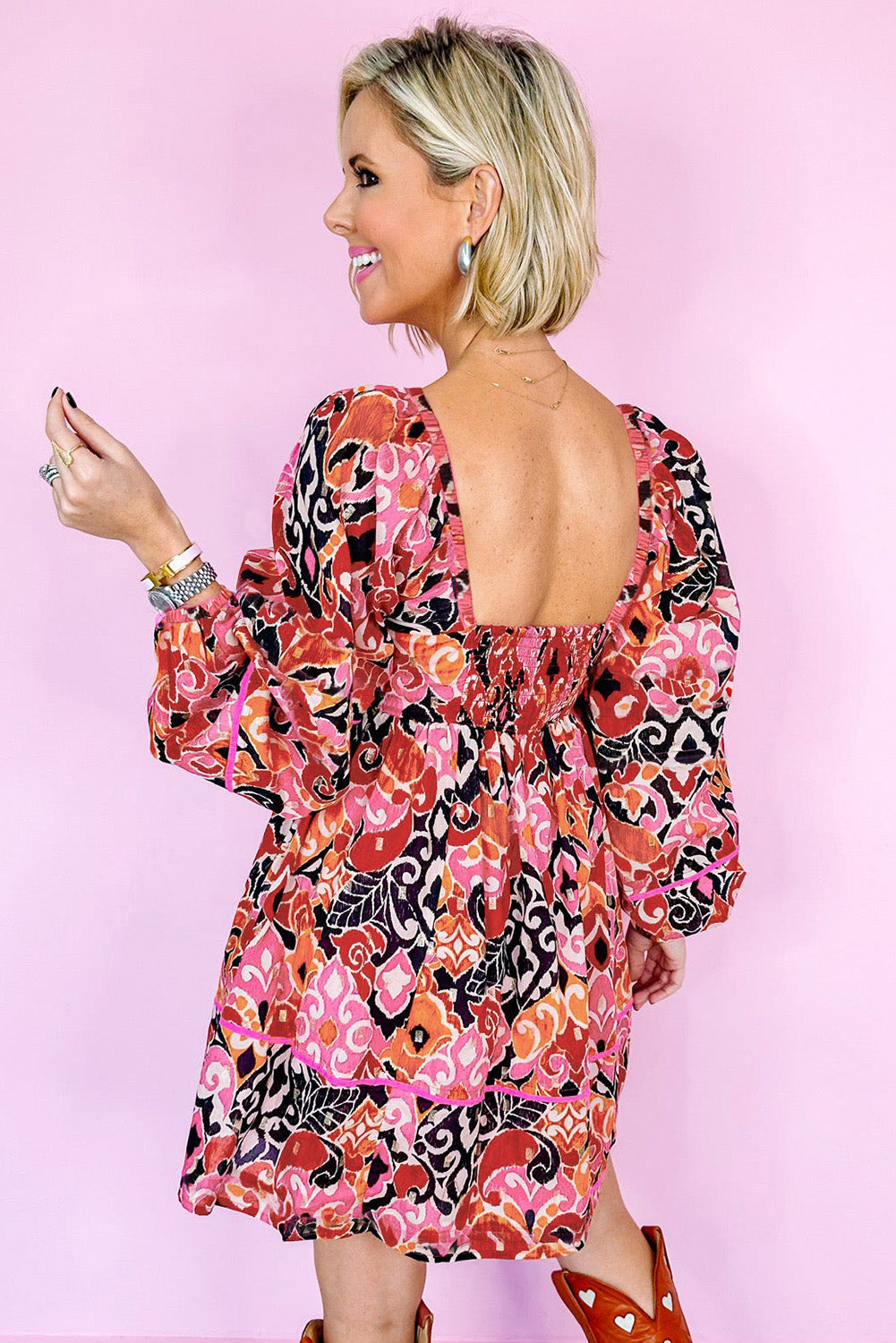 Bohemian Square Neck Puff Sleeve Mini Dress | Pink