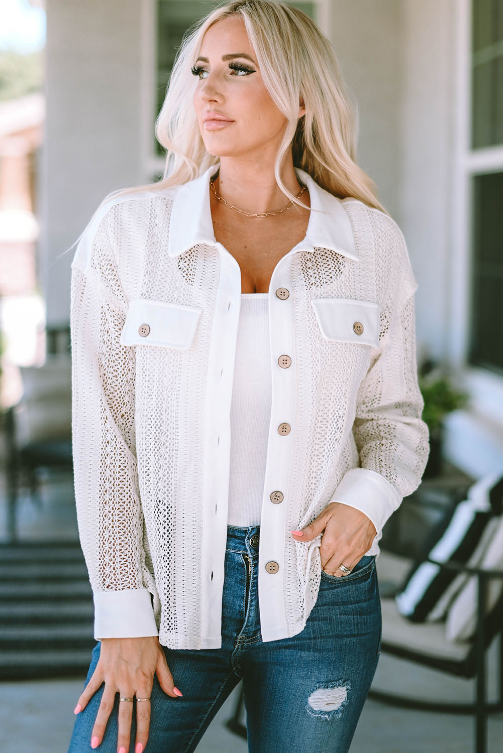 Lace See-Through Button Collared Shacket | Beige