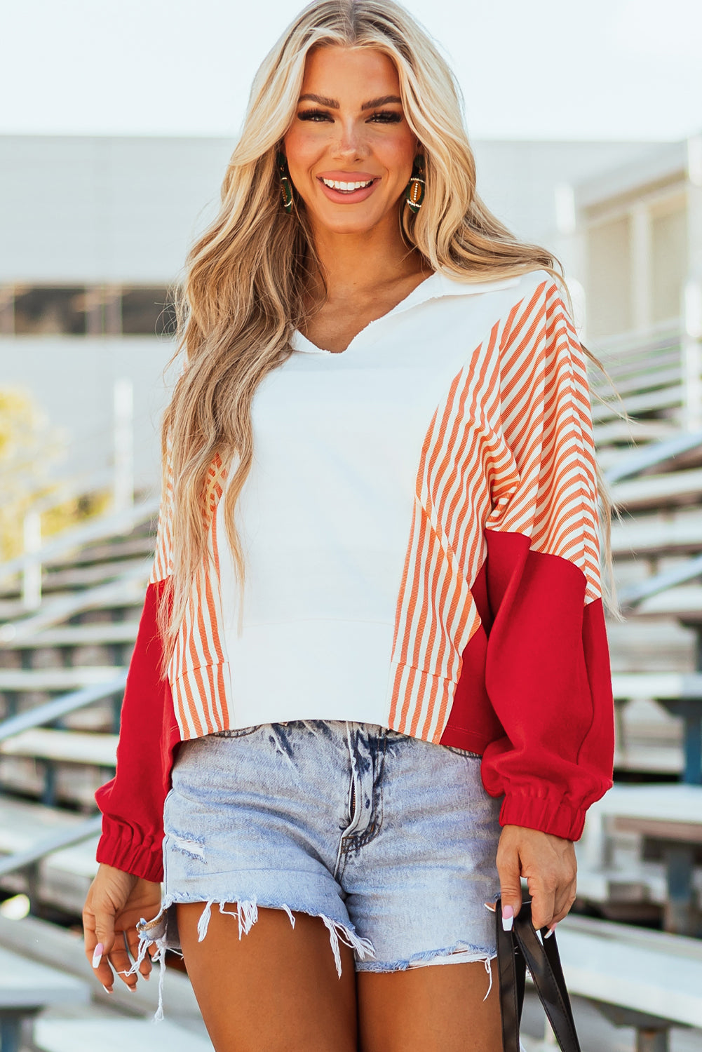 White Striped Color Block Collared V Neck Oversized Sweatshirt