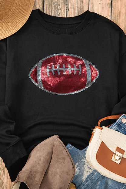 Rhinestone Rugby Football Pattern Crew Neck Pullover Sweatshirt | Black