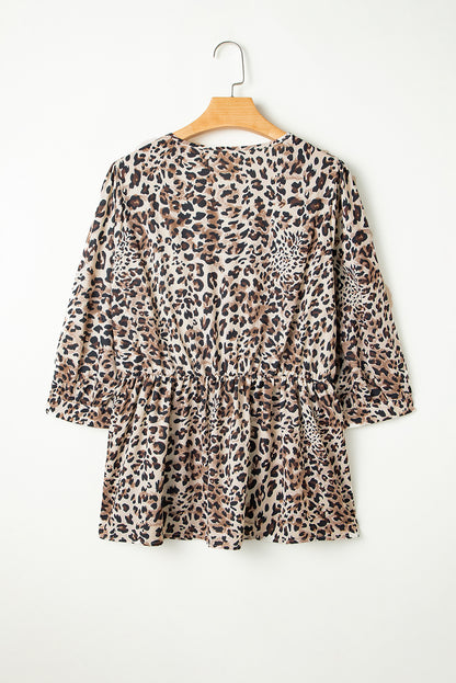 Leopard Print Lace-Up Ruffled 3/4 Sleeve Plus Size Blouse | Khaki