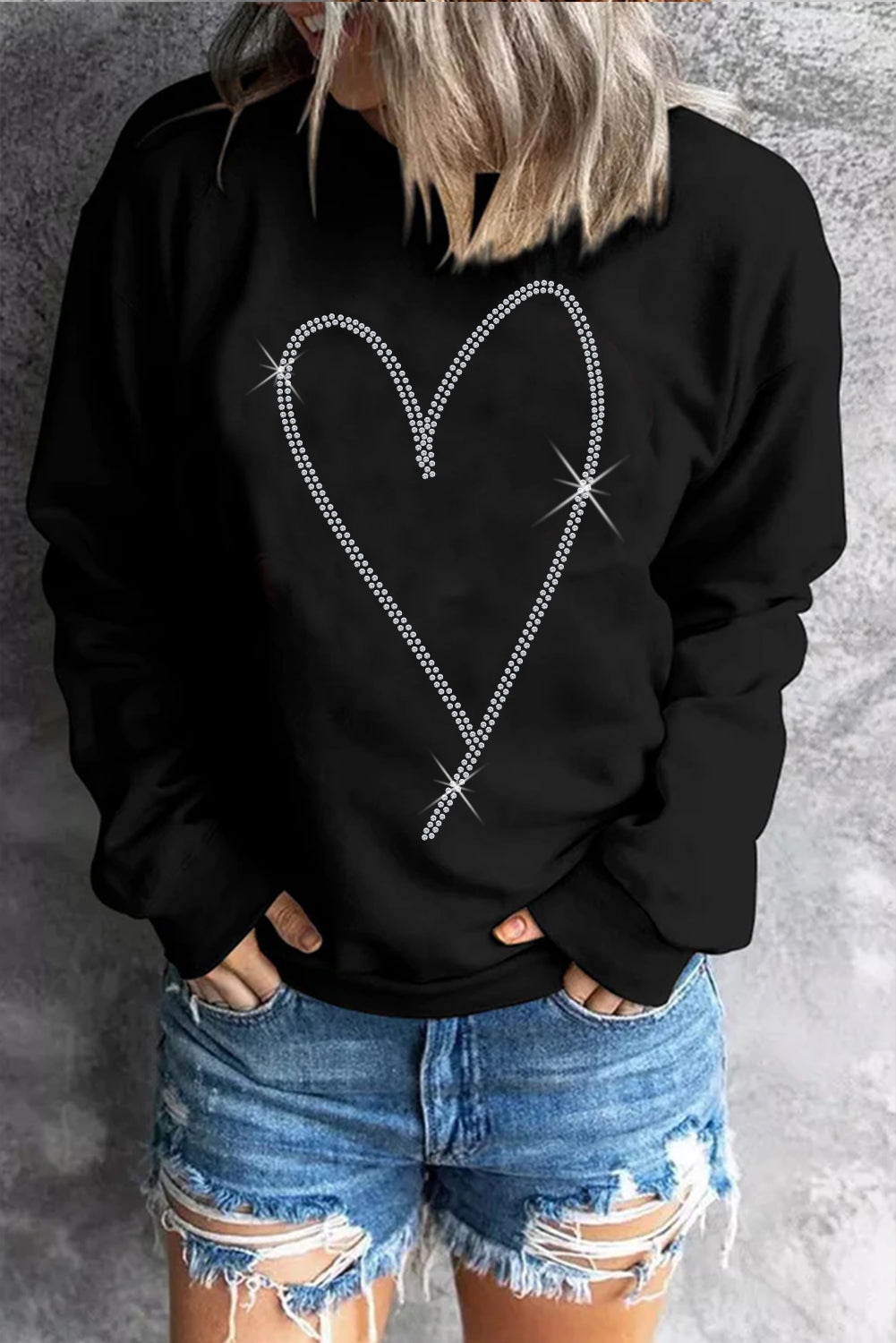 Rhinestone Heart Pattern Valentines Fashion Sweatshirt | Black