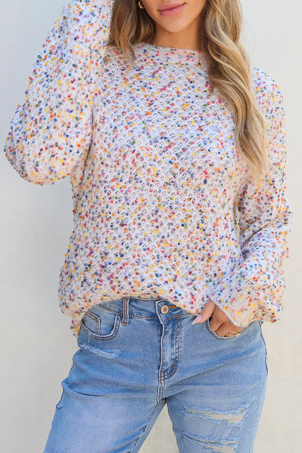 Confetti Knit Popcorn Sweater Top | White