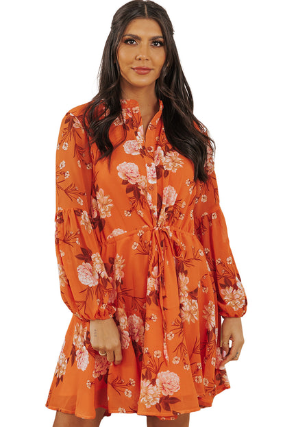 Vintage Floral Print Drawstring Flowy Dress | Orange