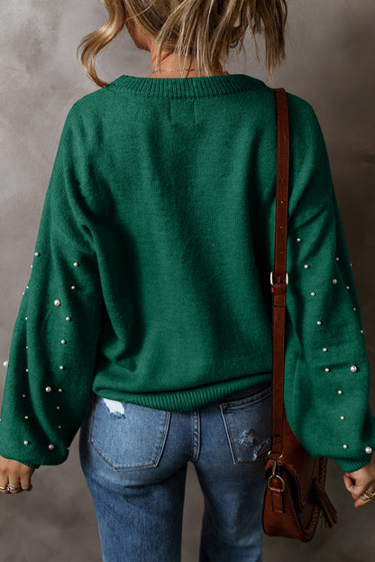 Pearled Drop Shoulder Round Neck Sweater | Evergreen