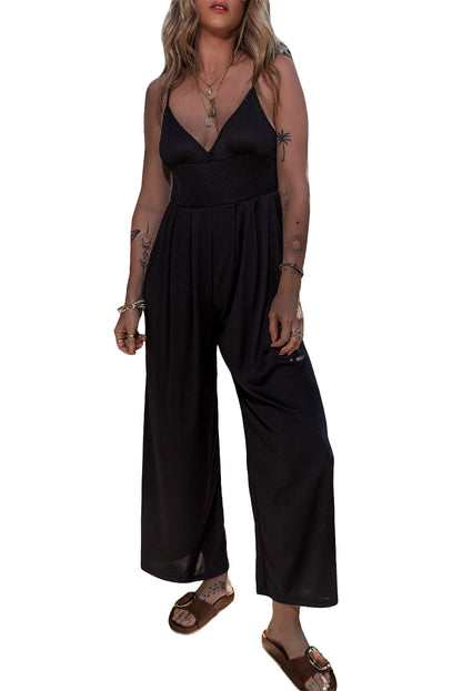 Wide Leg High Waist Sexy V Neck Cami Jumpsuit | Black