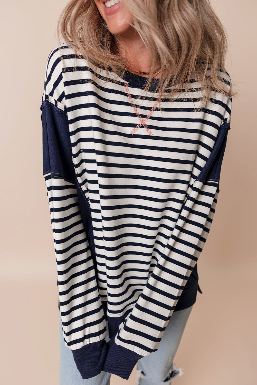 Colour Block Exposed Seam Loose Fit Sweatshirt | White Stripe