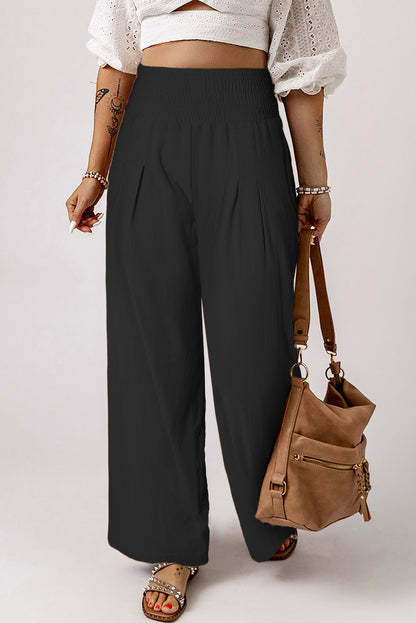 Smocked Wide Waistband High Waist Wide Leg Pants | Black