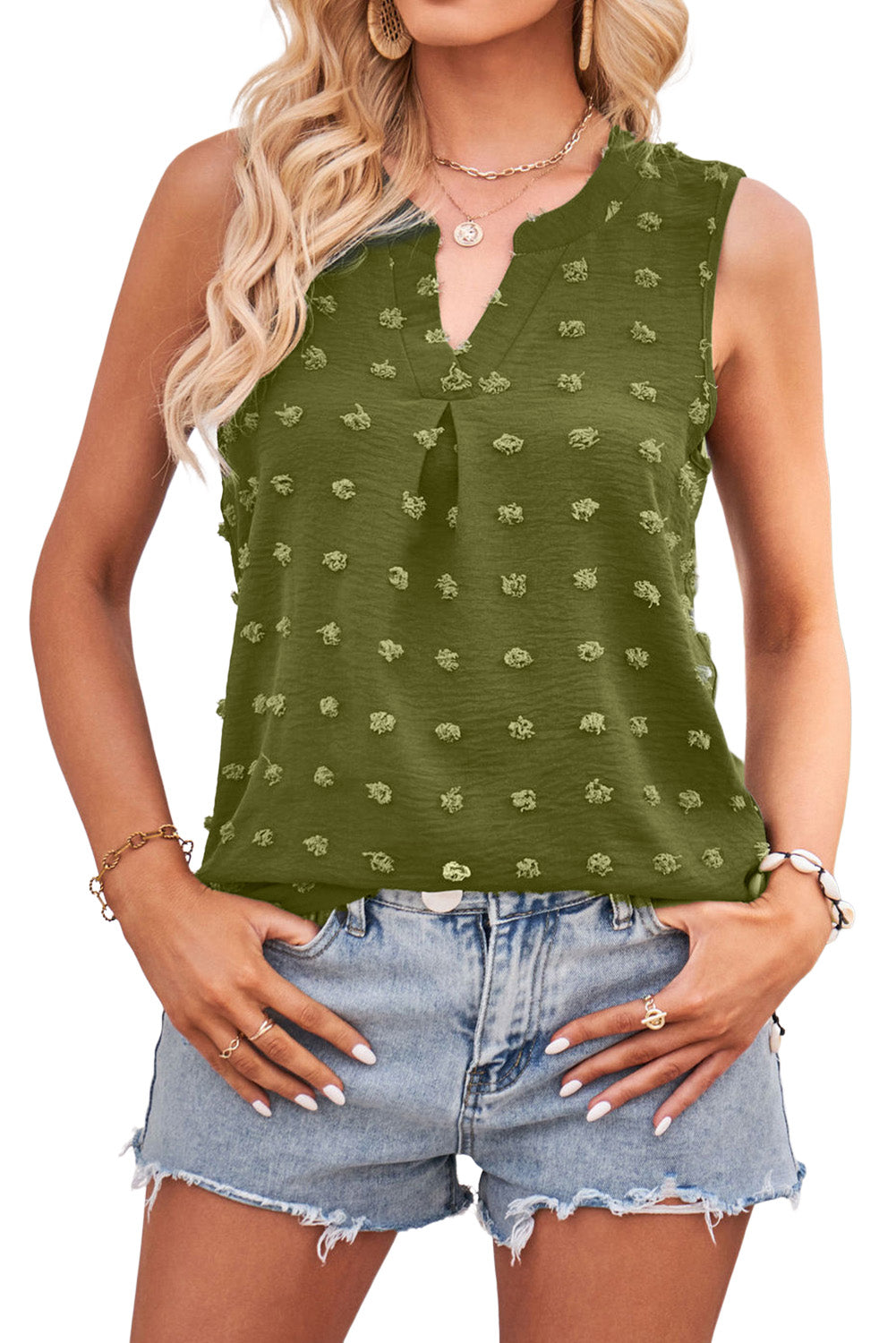 Swiss Dot Notched V Neck Tank Top | Green