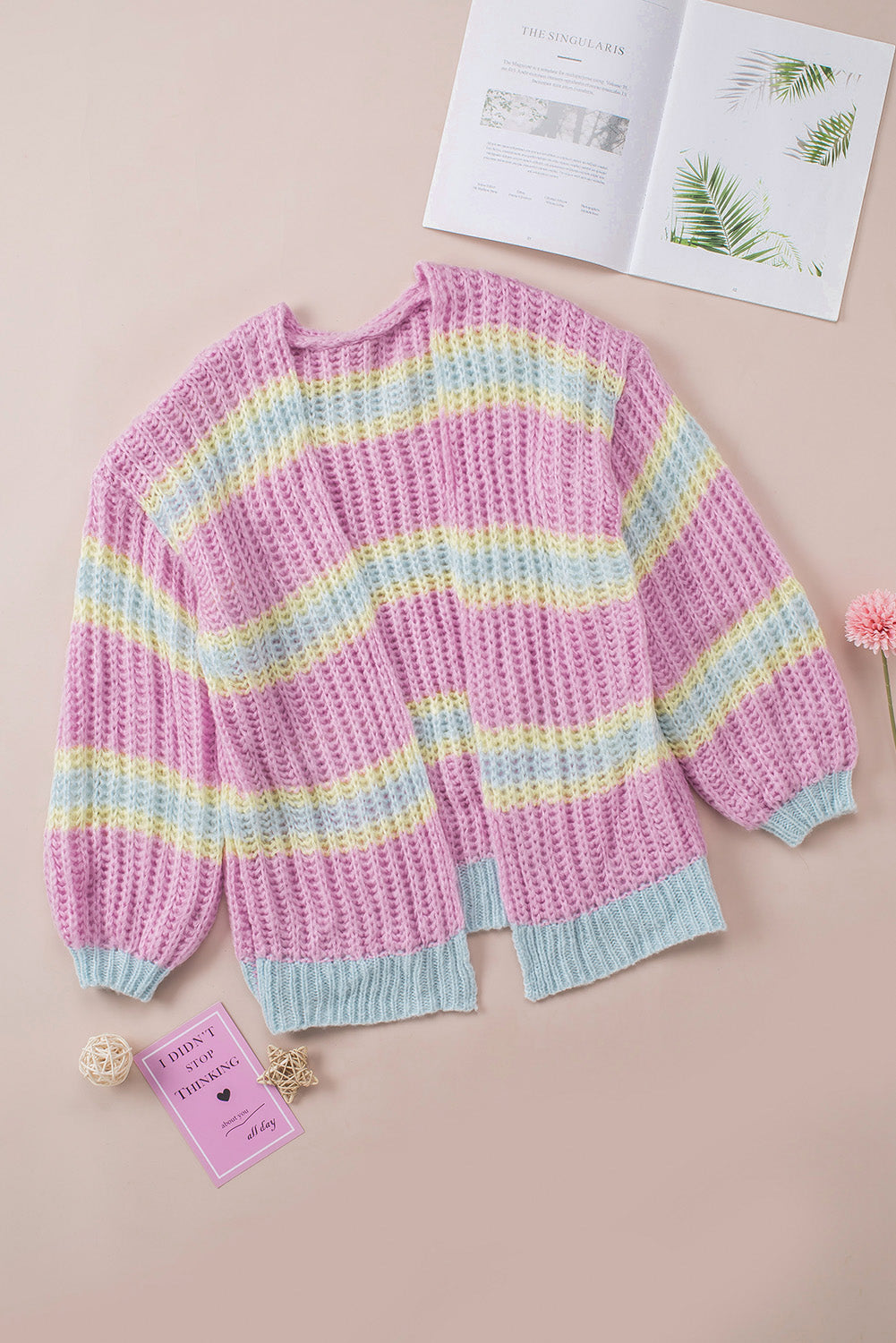 Contrast Striped Open Front Cable Cardigan | Pink