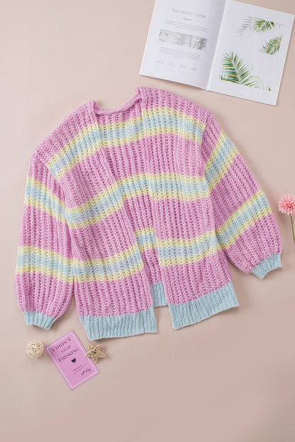 Contrast Striped Open Front Cable Cardigan | Pink