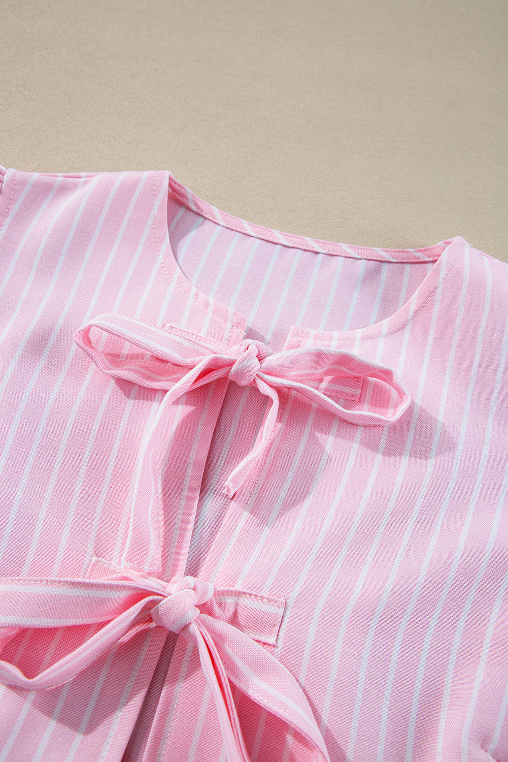 Bowknot Front Crew Neck Puff Sleeve Blouse | Pink Stripe