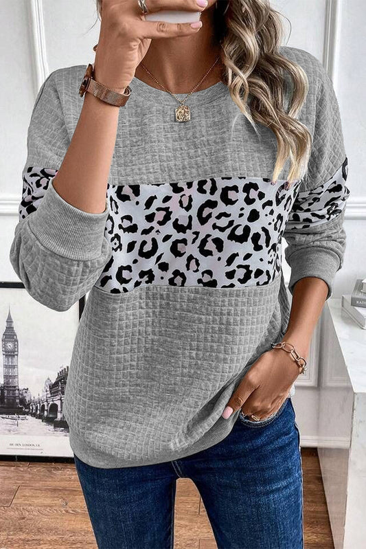 Gray Leopard Quilted Patchwork Crew Neck Sweatshirt