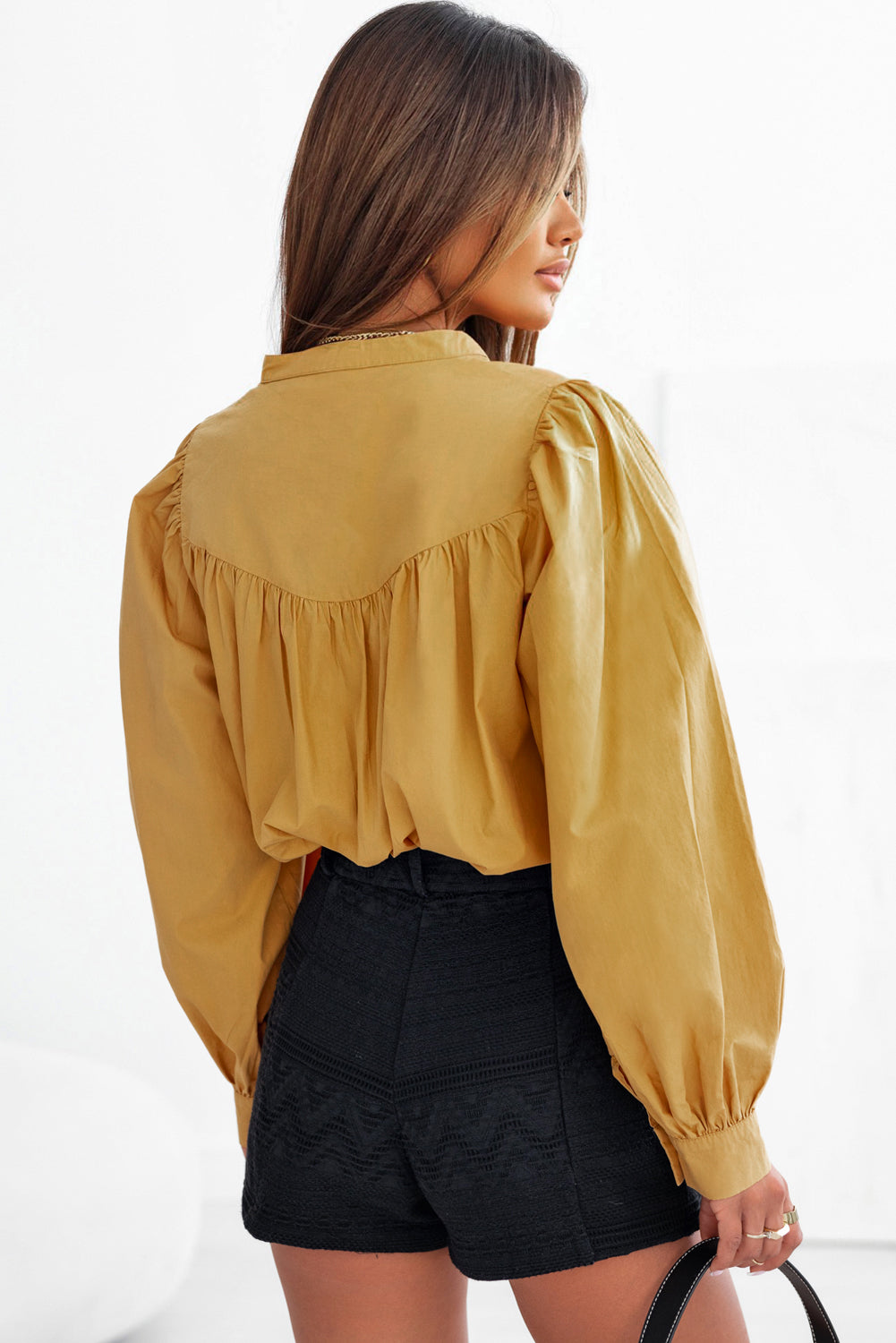 Puff Sleeve Pleated Loose Shirt | Yellow