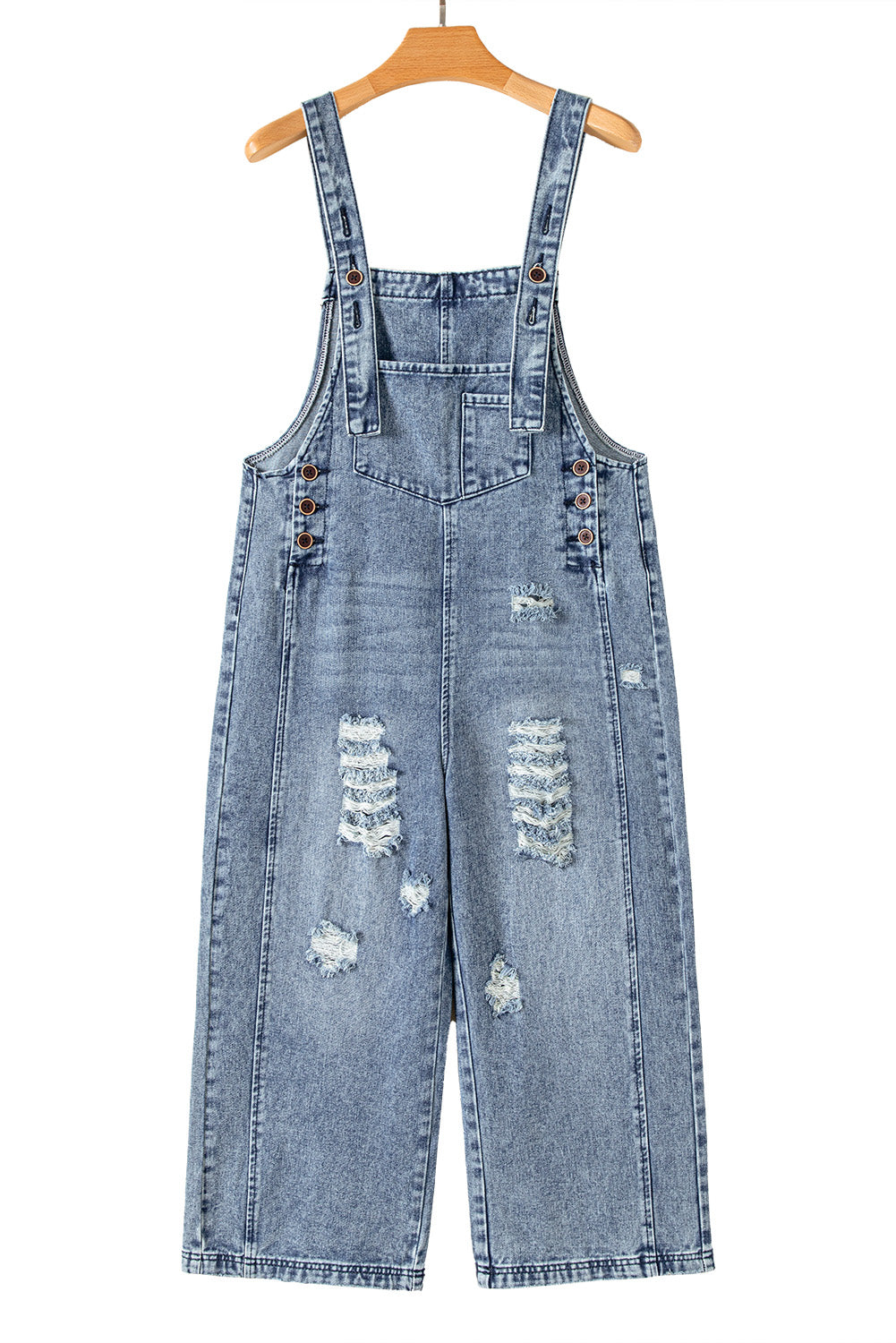 Distressed Bib Pocket Wide Leg Denim Overall | Stone Blue