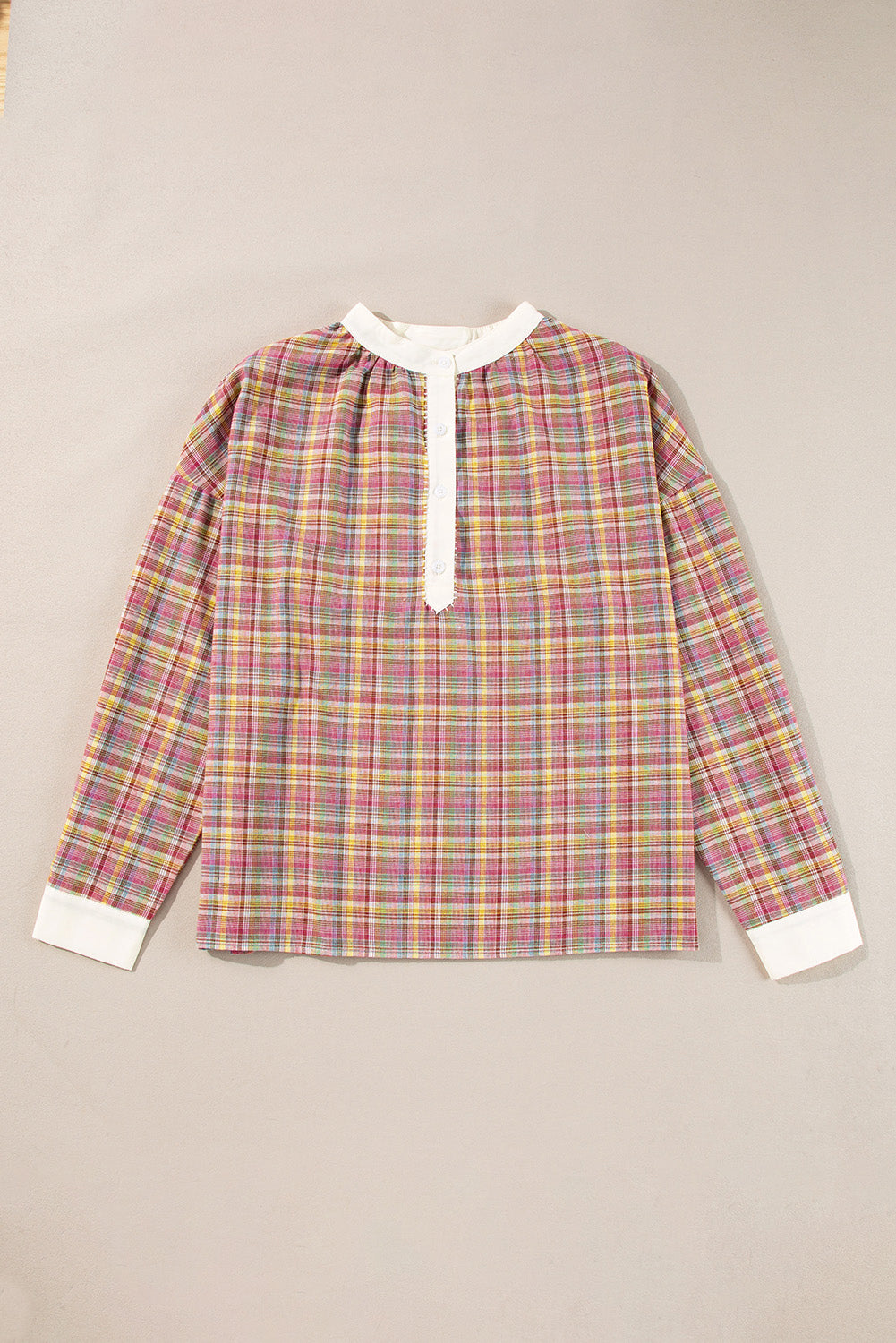 Colourblock Plaid Patchwork Henley Blouse | Pink