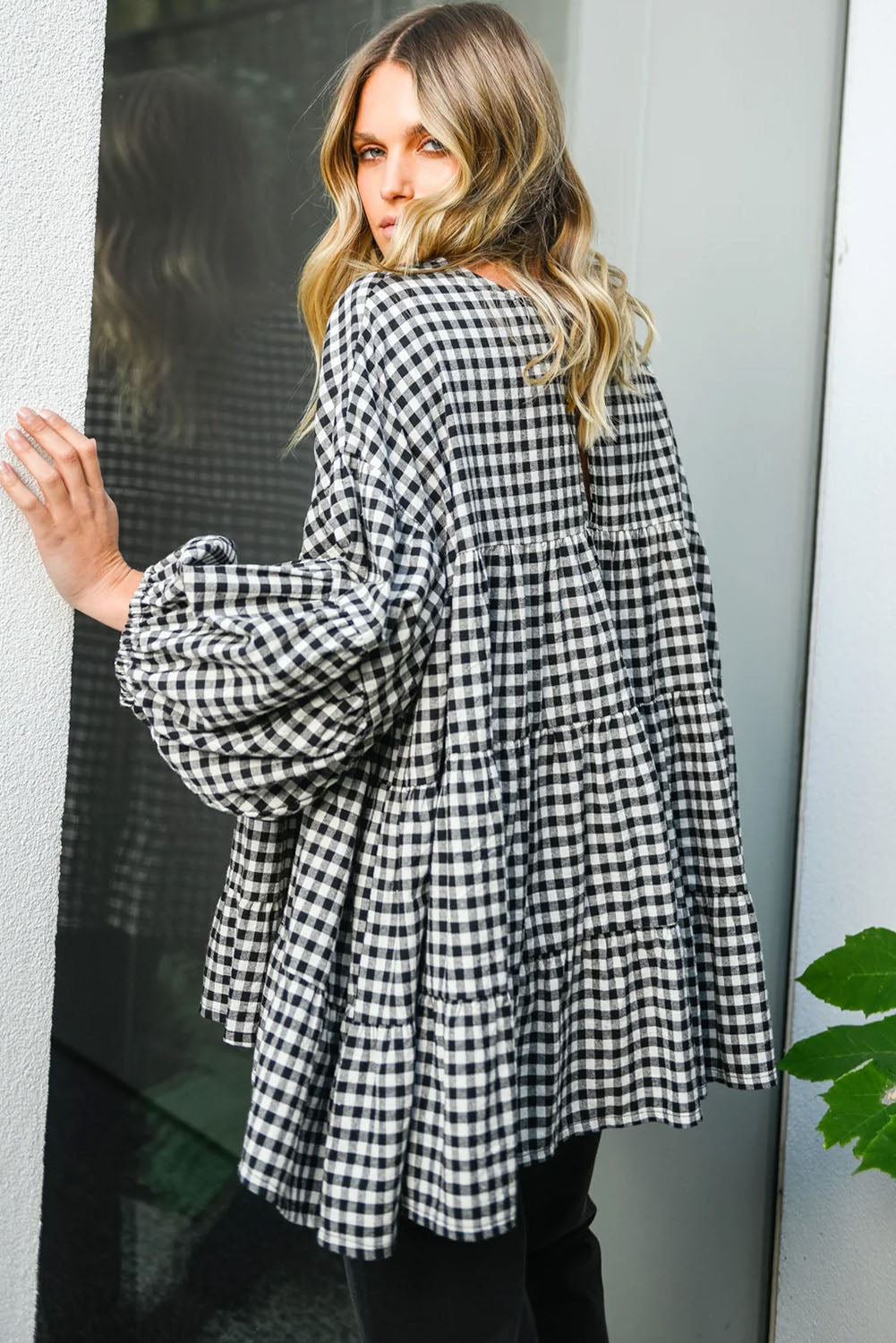 Checkered Puff Sleeve Tiered Loose Babydoll Blouse | Black