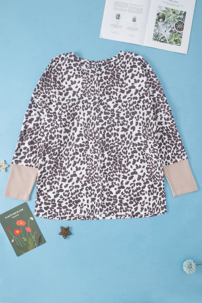 Plus Size Waffle Knit Patchwork Long Sleeve Henley Top | Leopard