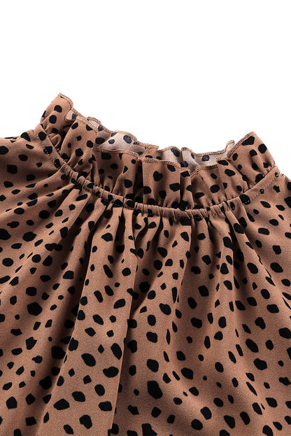 Frilled Neck 3/4 Sleeves Cheetah Blouse | Brown