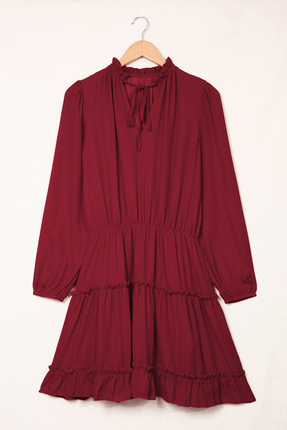 V Neck Long Sleeve Ruffle Tiered Mini Dress | Red