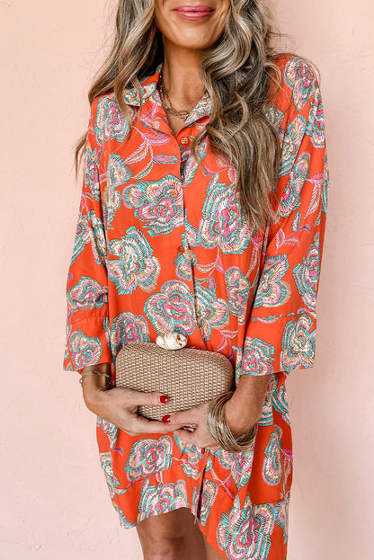 Red Floral Print Lapel Collar Loose Shirt Mini Dress