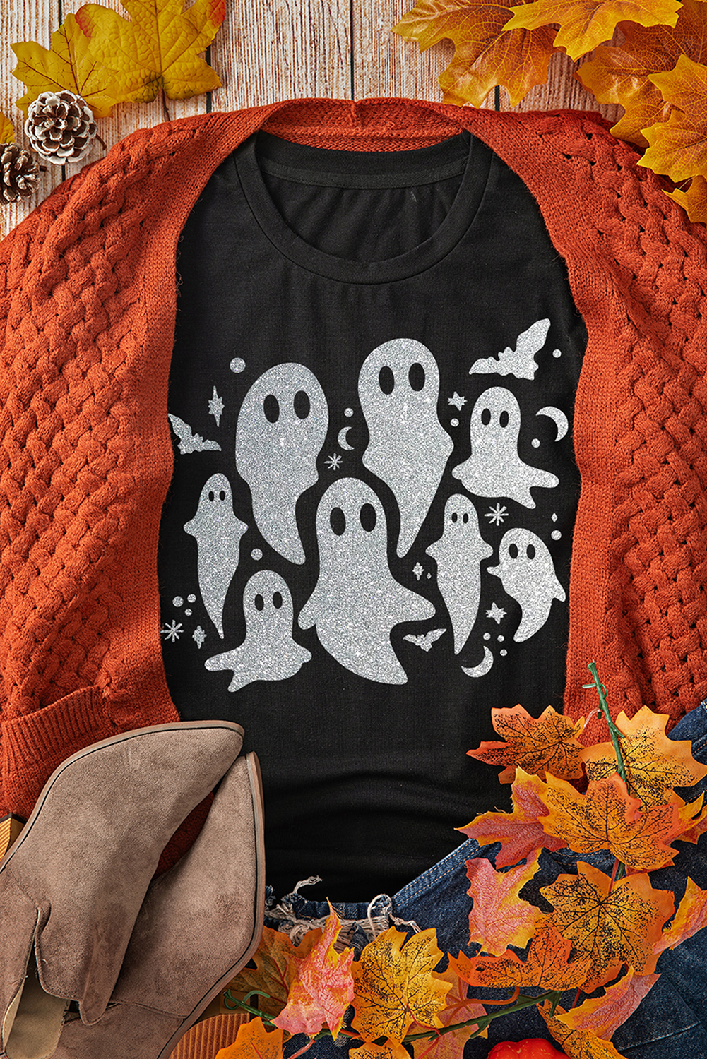 Halloween Glitter Ghost Pattern Crew Neck T Shirt | Black