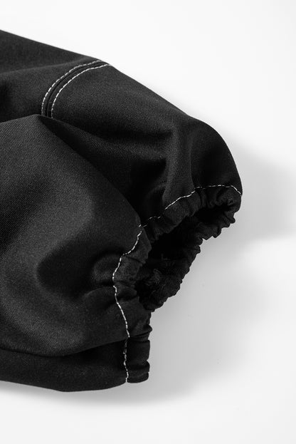 Contrast Stitches Detail Puffy Half Sleeve Blouse | Black