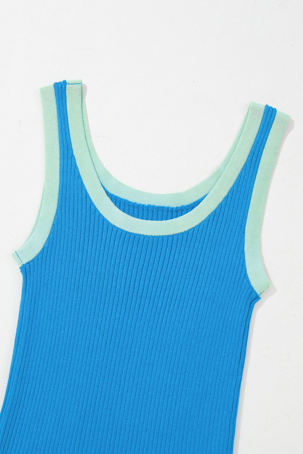 Colourblock Edge Ribbed Knit U Neck Tank Top | Blue