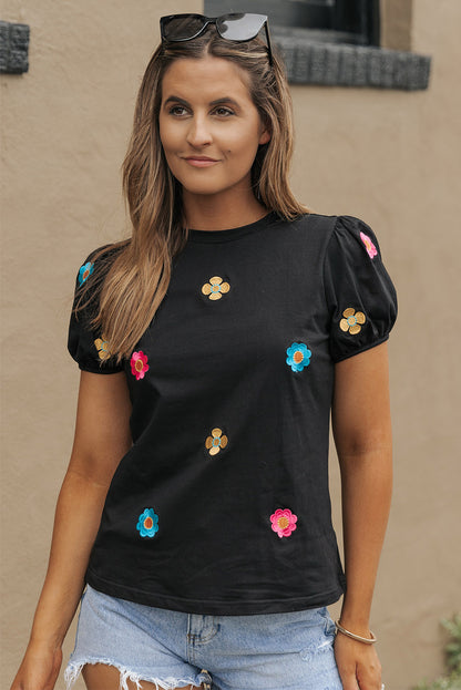 Embroidered Flower Short Puff Sleeve Tee | Black