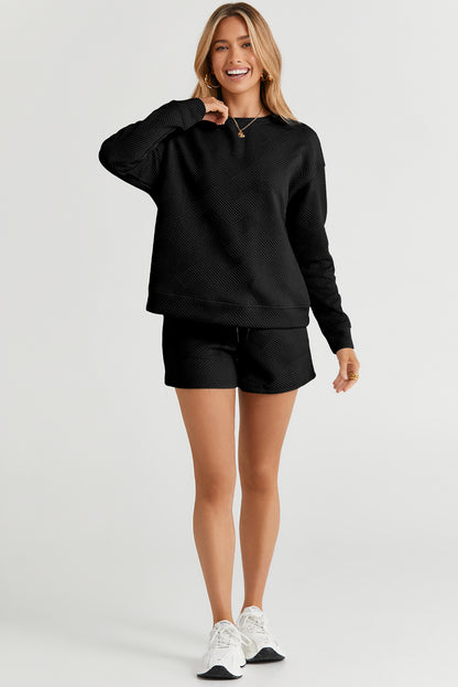 Textured Long Sleeve Top And Drawstring Shorts Set | Black