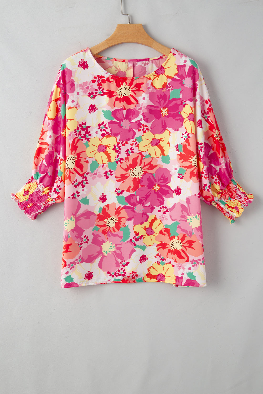 Shirred Cuffs 3/4 Sleeve Floral Blouse | Pink