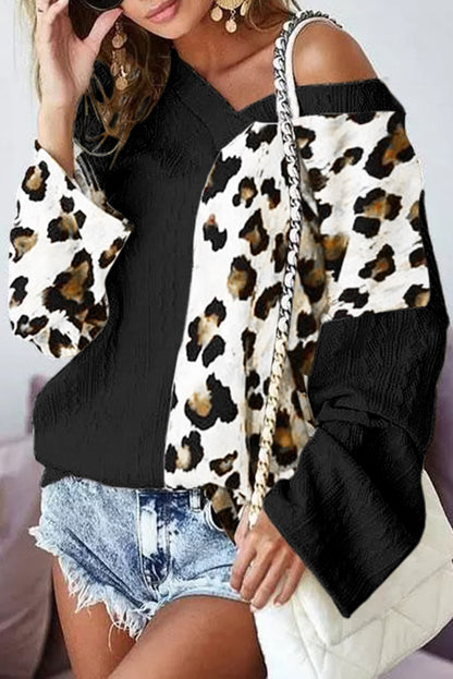 Asymmetric Leopard Patchwork Wide Sleeve V Neck Sweater | Black