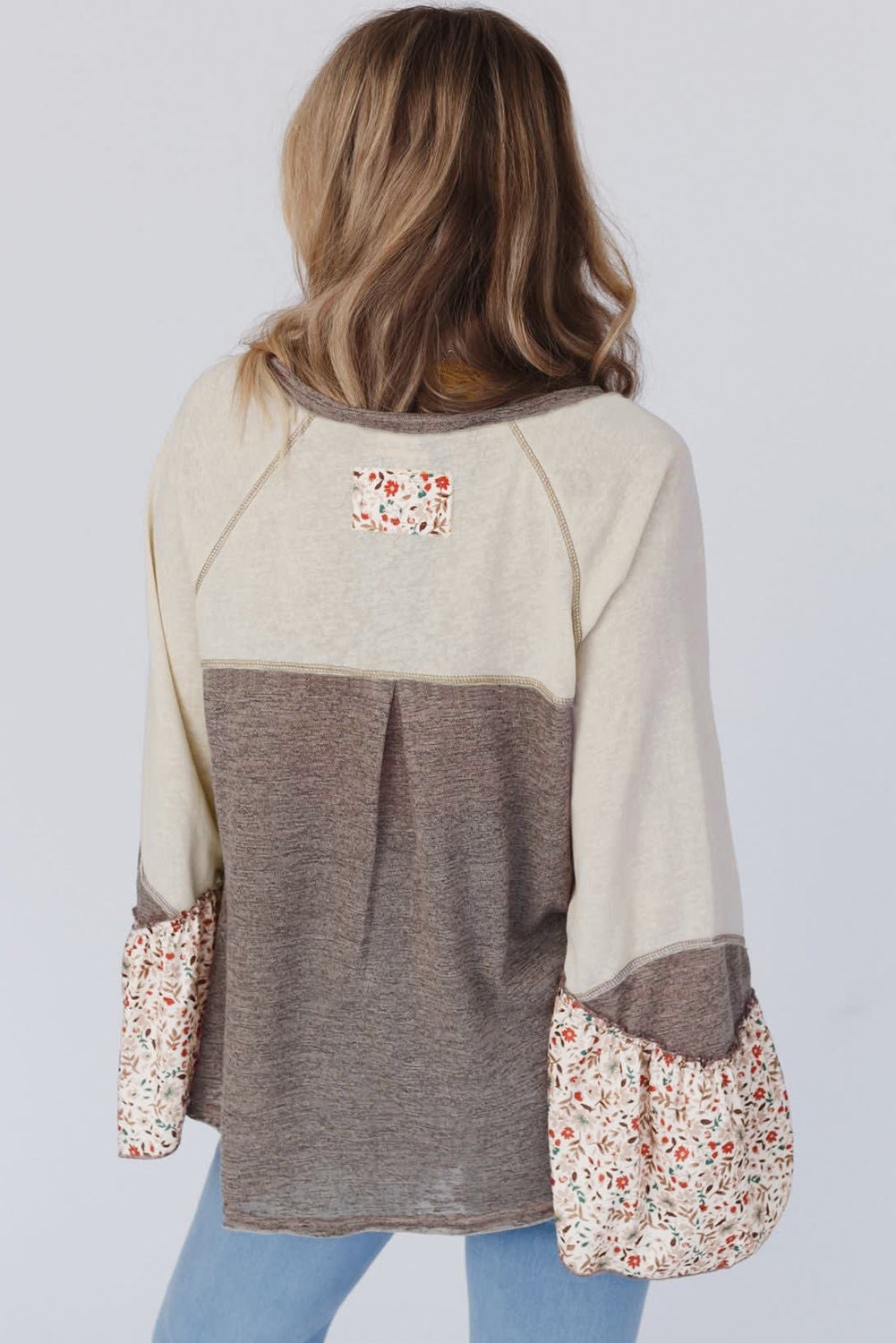 Colourblock Floral Patchwork Flared Sleeve Buttons Henley Top | Goat