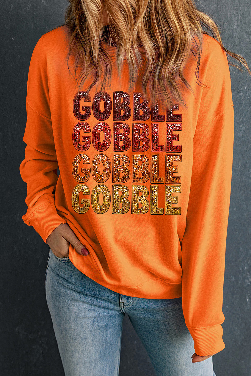 Thanksgiving Gobble Print Round Neck Pullover Sweatshirt | Orange