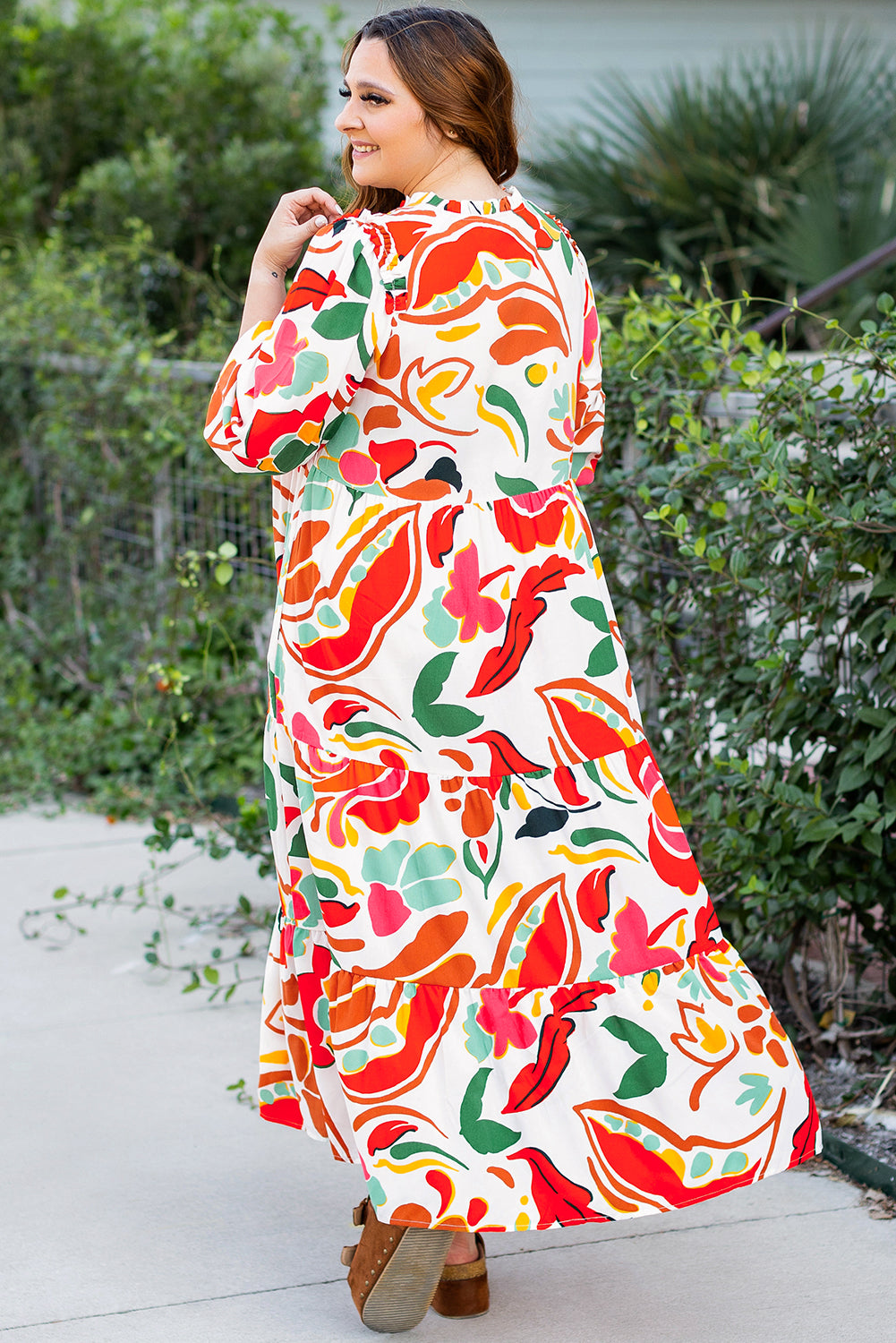 Floral Print Drawstring V Neck Tiered Plus Size Dress | Orange