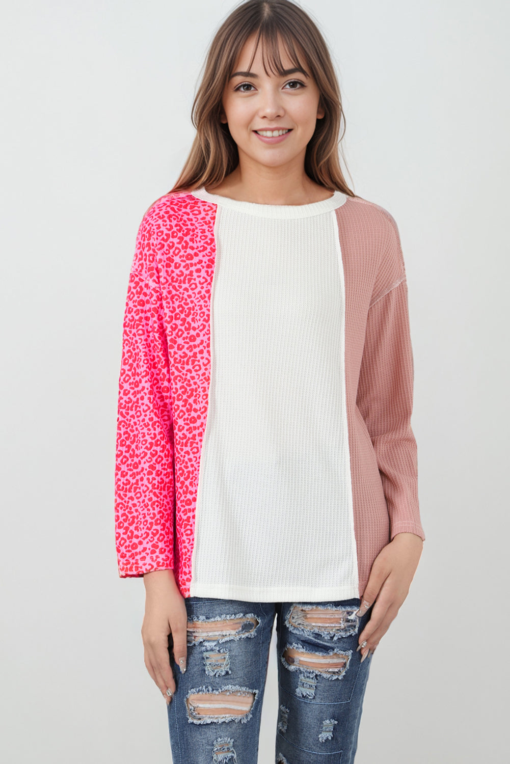 Waffle Knit Exposed Seam Leopard Colourblock Print Top | Pink