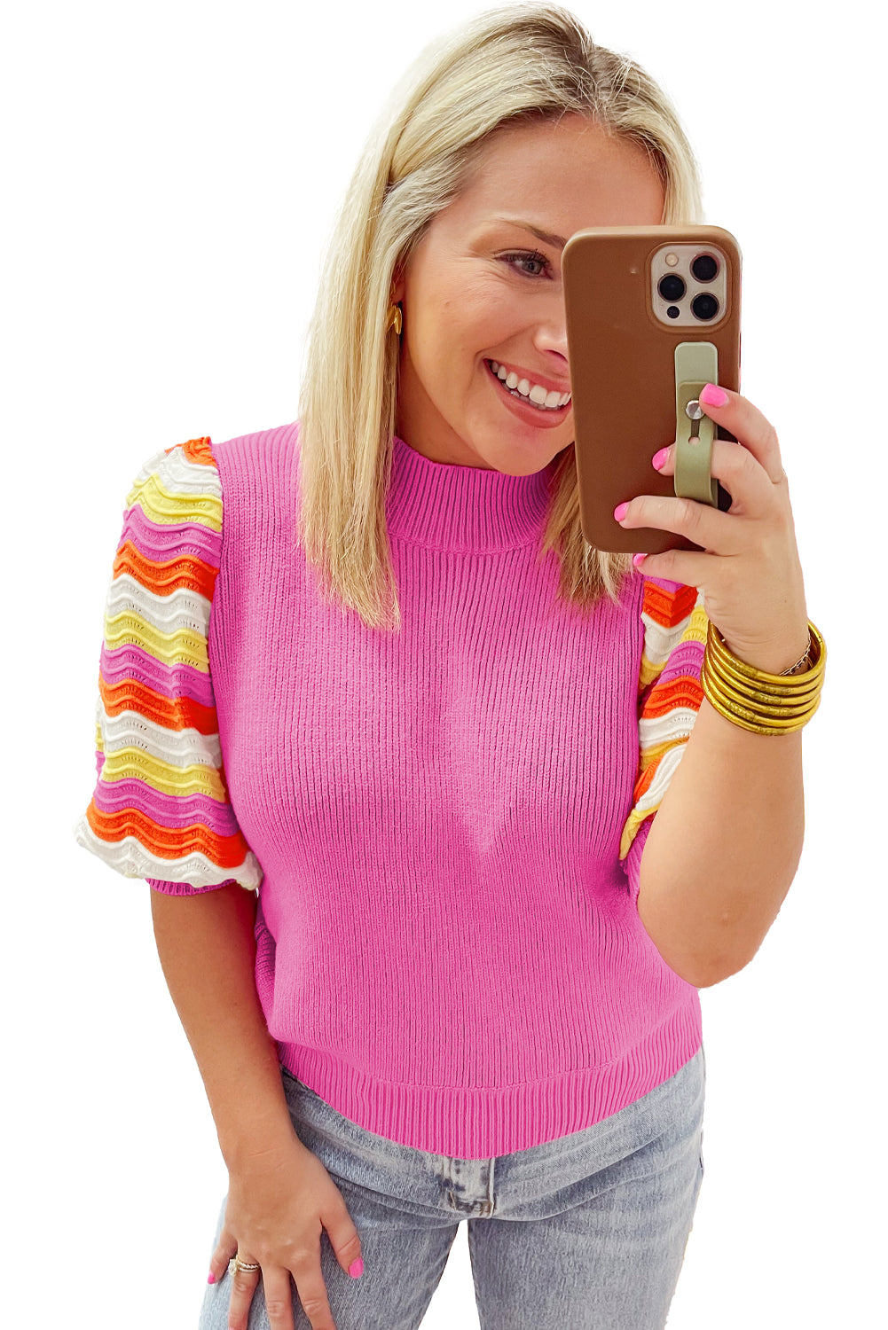 Ribbed Knit Contrast Sleeve Sweater Top | Pink