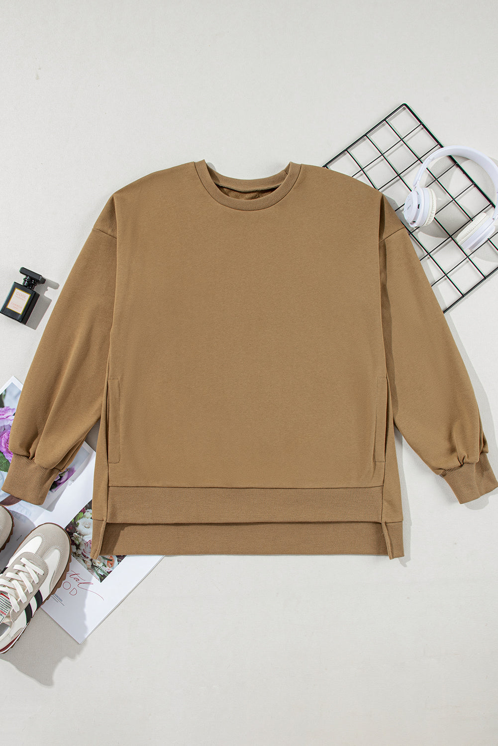 Solid O Neck High Low Hem Pullover Sweatshirt | Brown