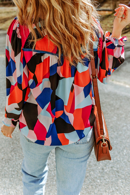 Abstract Pattern Crewneck Ruffled Puff Sleeve Blouse | Multicolour