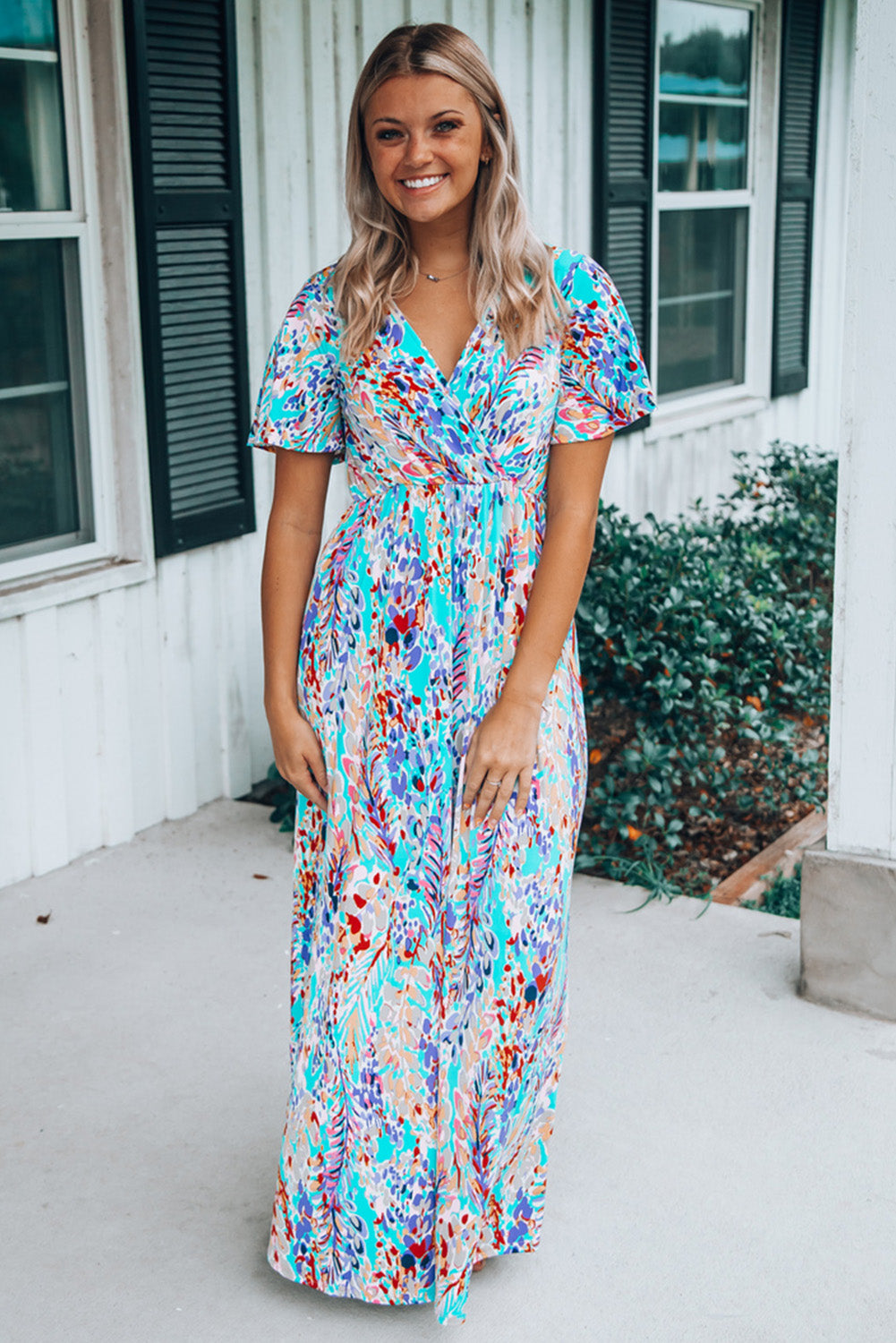 Wrap V Neck Floral Maxi Dress | Green