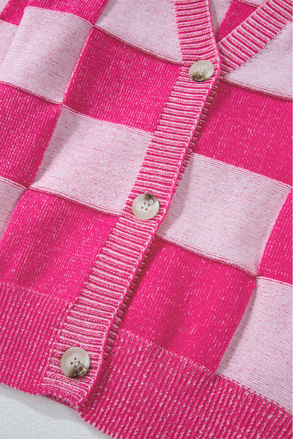 Checkered Drop Shoulder Buttoned V Neck Cardigan | Pink