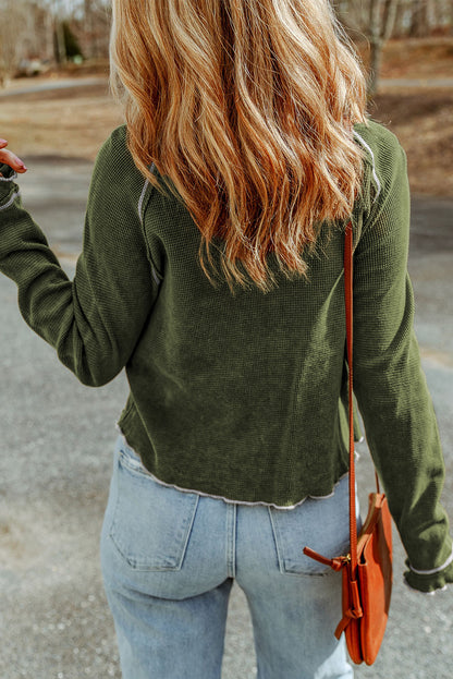 Green Textured Round Neck Long Sleeve Top | Pickle Green