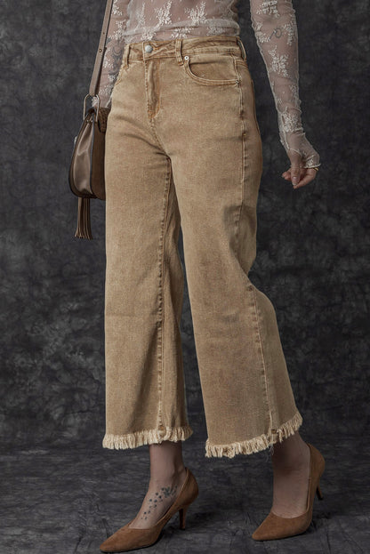 Acid Washed High Rise Cropped Wide Leg Jeans | Light French Beige