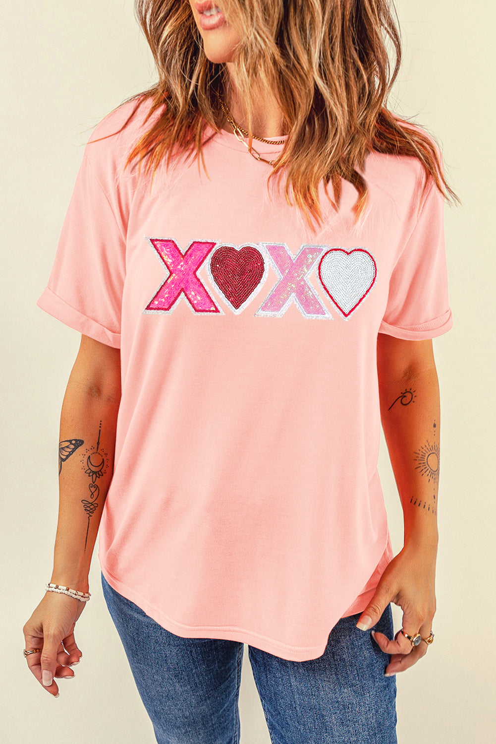 Sequin Heart Xoxo Patched Graphic Valentines T Shirt | Pink