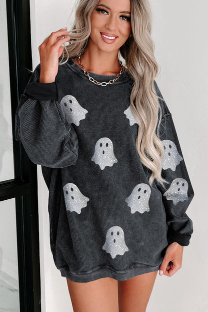 Halloween Ghost Corded Crew Neck Loose Sweatshirt | Black