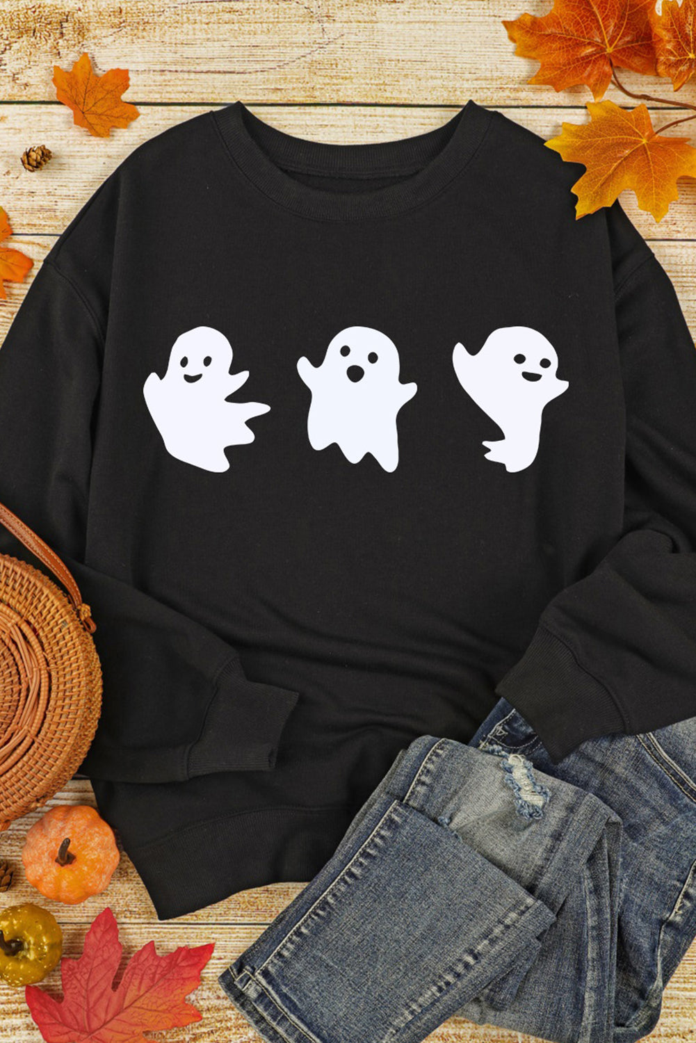 Halloween Ghosts Print Round Neck Sweatshirt | Black