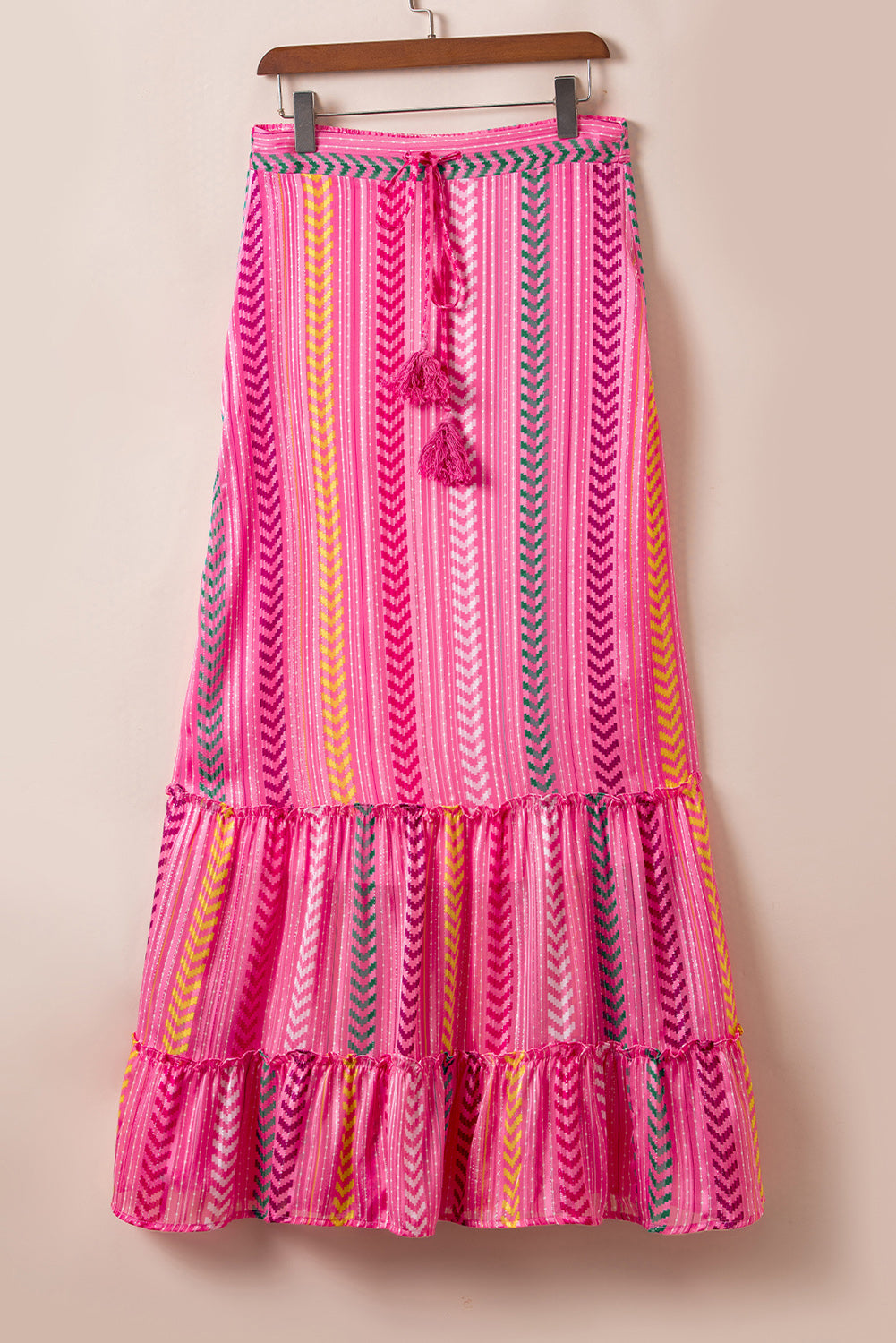 Boho Printed Tasseled Drawstring Ruffled Maxi Skirt | Pink