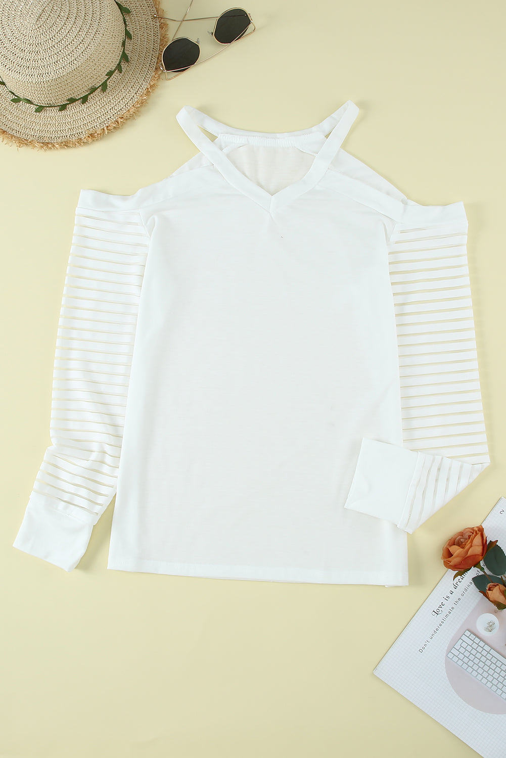 Mesh Striped Cut-Out Cold Shoulder Long Sleeve T-Shirt | White